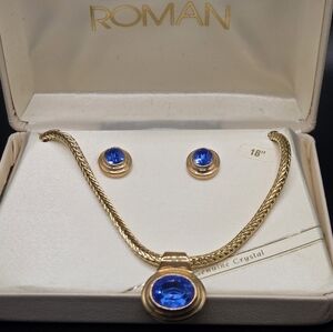 Roman Gold Necklace & Earring Set 💎 Blue Crystal Accent